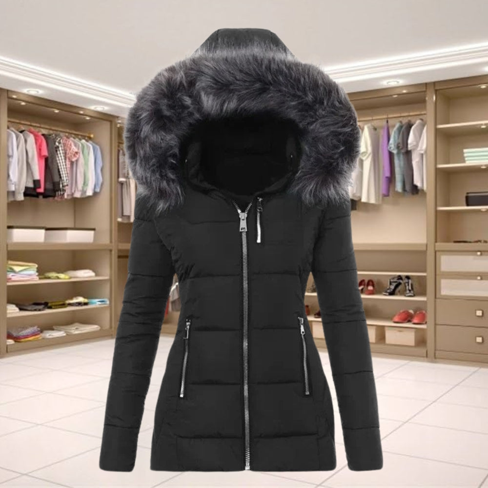  Casual women's coat with a fur collar, offering warmth and style for winter outings.