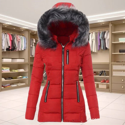  Casual women's coat with a fur collar, offering warmth and style for winter outings.