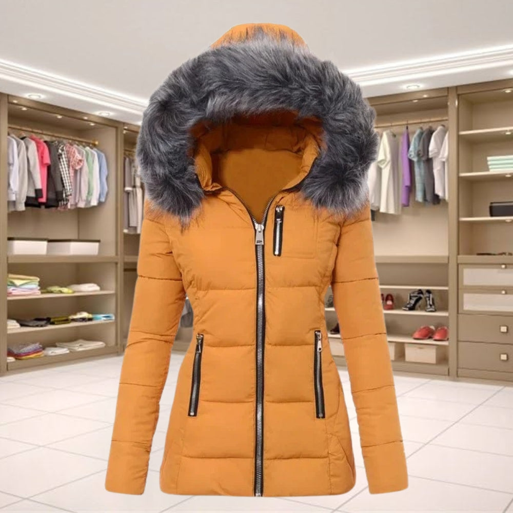  Casual women's coat with a fur collar, offering warmth and style for winter outings.