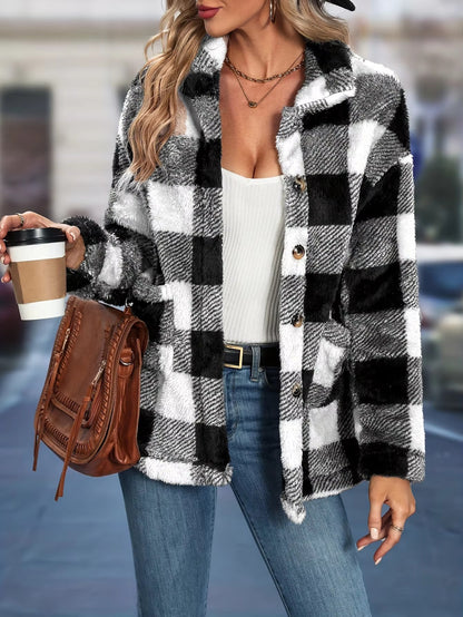 Women's winter plaid jacket, combining warmth and style for cold-weather fashion.