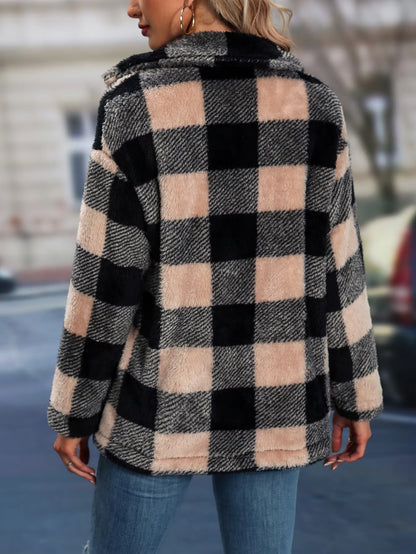 Women's winter plaid jacket, combining warmth and style for cold-weather fashion.