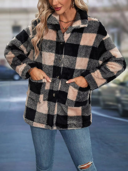 Women's winter plaid jacket, combining warmth and style for cold-weather fashion.