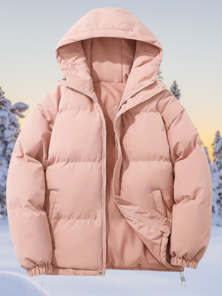 Classic winter down jacket for women, warm, water-resistant outerwear for cold weather.