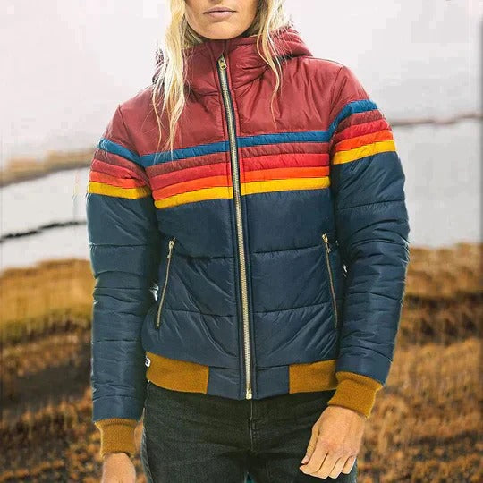 Cozy retro striped jacket for women, perfect for fall and winter layering.