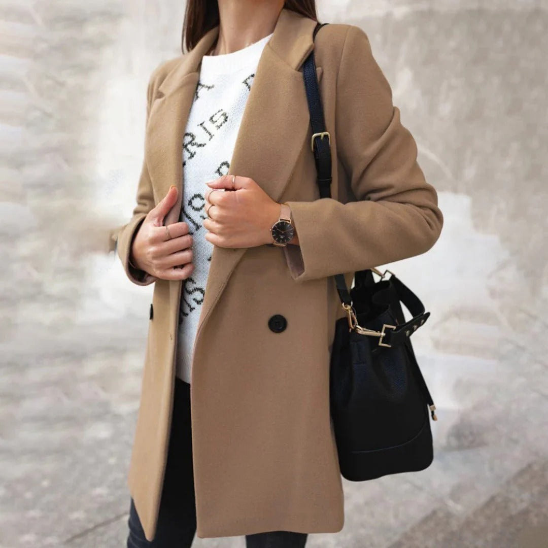 Elegant long wool jacket coat for women, offering warmth, style, and a flattering silhouette for colder months.