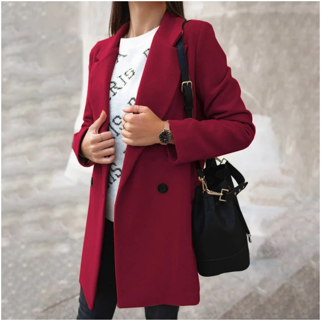 Elegant long wool jacket coat for women, offering warmth, style, and a flattering silhouette for colder months.