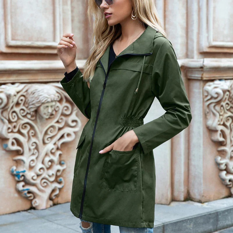 Lightweight long hooded raincoat offering full coverage and water protection for rainy days.