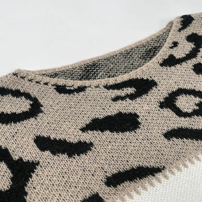 Cozy sweater with bold leopard print design, perfect for staying warm and stylish.