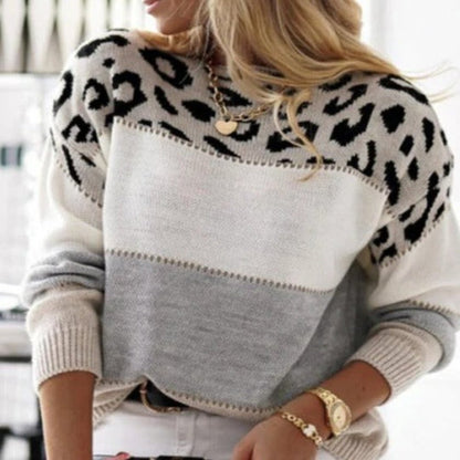 Cozy sweater with bold leopard print design, perfect for staying warm and stylish.