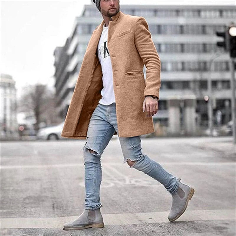 Warm Wool Long Coat for Men, ideal for cold days and winter months.