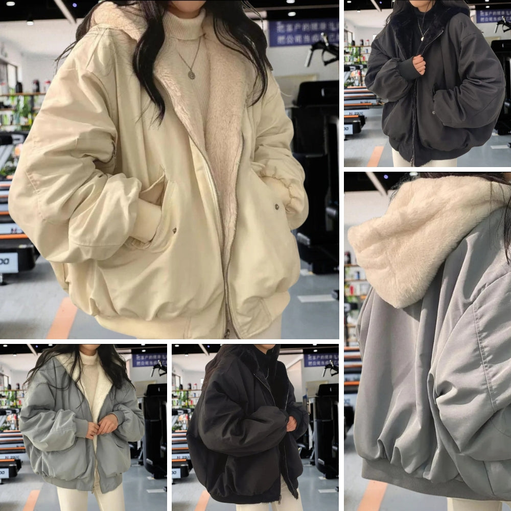 Wide warm winter jacket for women, cozy and stylish outerwear for cold weather protection.