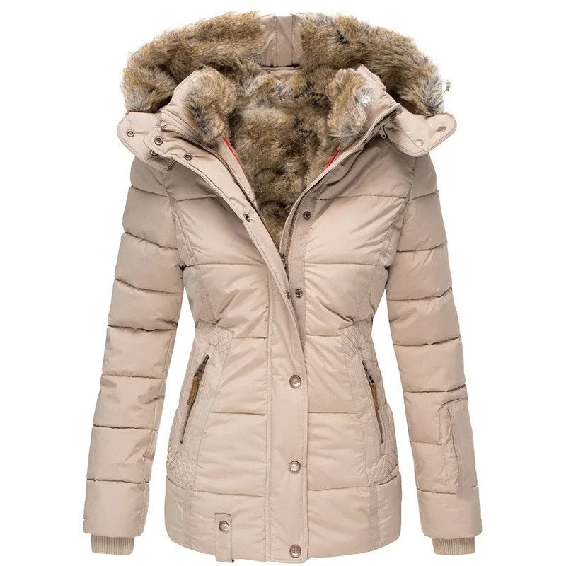 Stylish winter coat with faux fur collar, providing warmth and protection for the colder