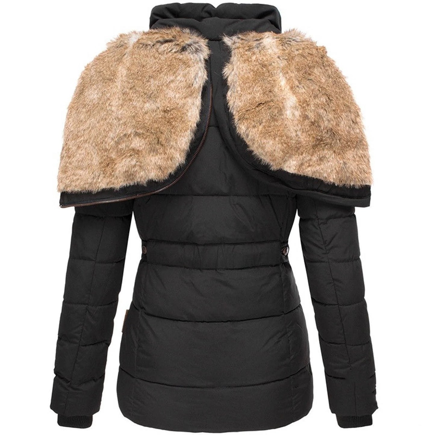 Stylish winter coat with faux fur collar, providing warmth and protection for the colder