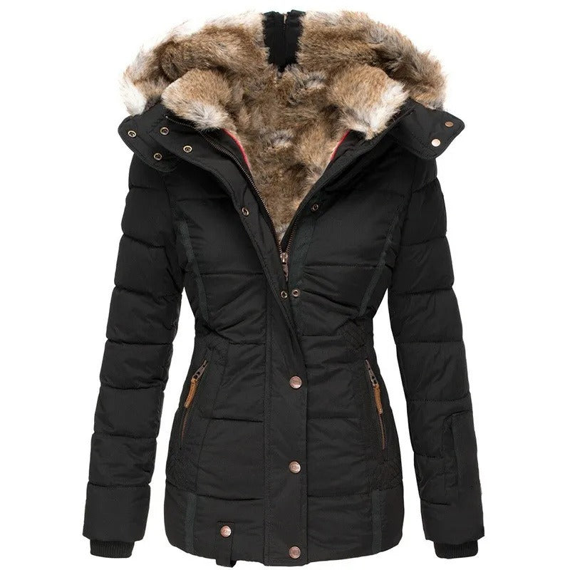 Stylish winter coat with faux fur collar, providing warmth and protection for the colder