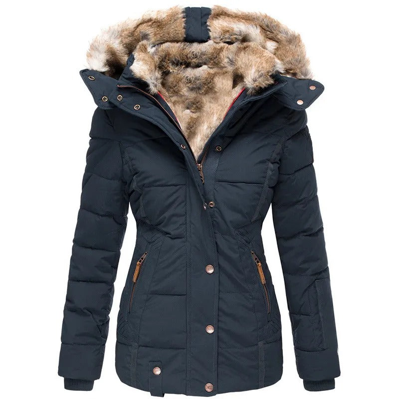 Stylish winter coat with faux fur collar, providing warmth and protection for the colder