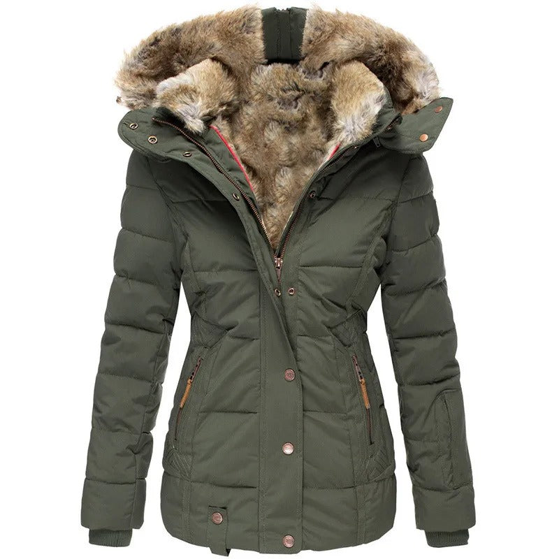 Stylish winter coat with faux fur collar, providing warmth and protection for the colder